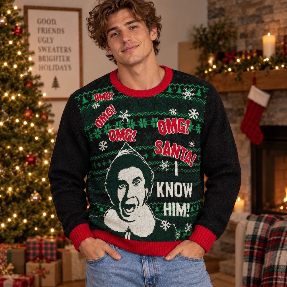 Elf Movie Buddy I Know Him Ugly Christmas Sweater Mens Large Black Green Red
